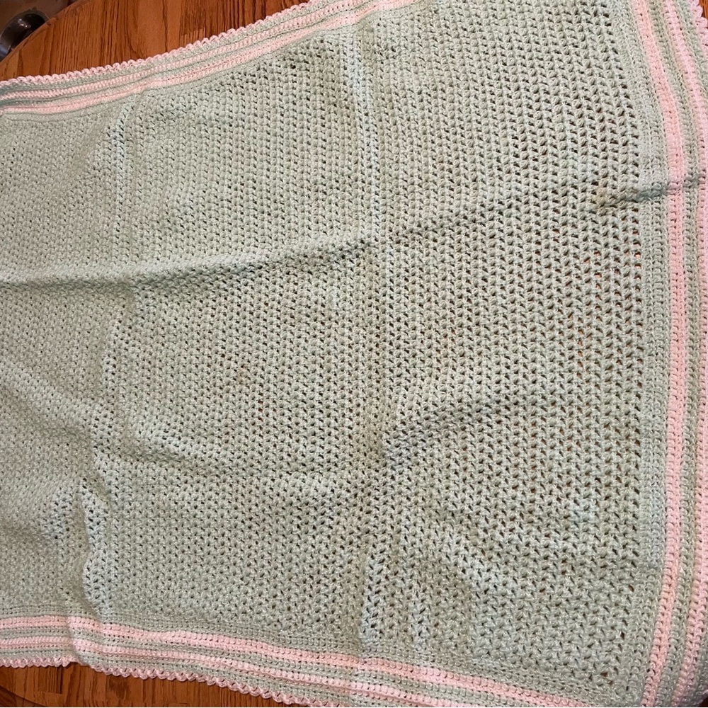 Handmade Crochet Baby Blanket in Green and White